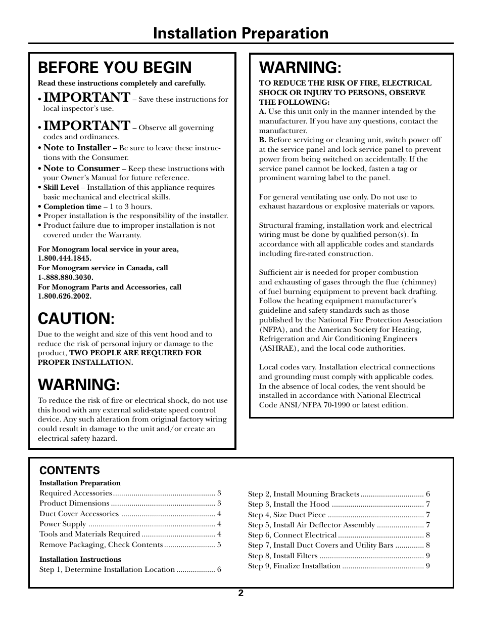 Installation preparation, Installation instructions, Installation preparation warning | Before you begin, Caution, Warning, Important | GE Monogram ZV750 User Manual | Page 2 / 12