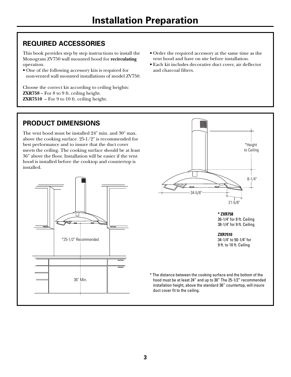 Required accessories, Product dimensions, Required accessories product dimensions | Installation preparation | GE Monogram ZV750 User Manual | Page 3 / 12