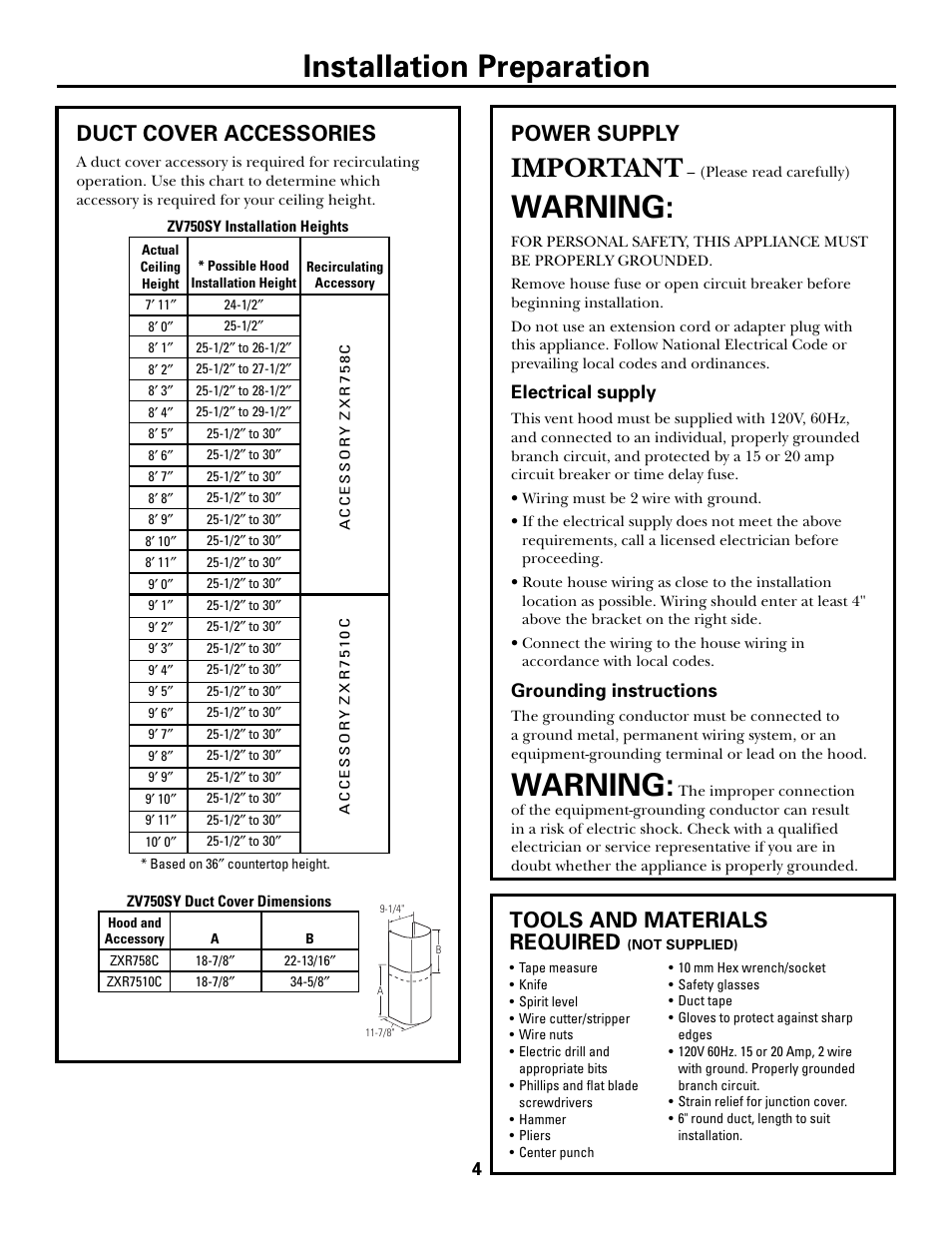 Duct cover accessories, Power supply, Tools and materials required | Installation preparation, Warning, Important, Electrical supply, Grounding instructions | GE Monogram ZV750 User Manual | Page 4 / 12
