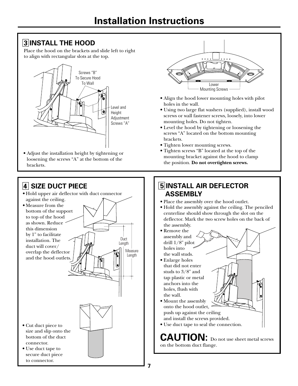 Step 3, install the hood, Step 4, size duct piece, Step 5, install air deflector assembly | Installation instructions, Caution, 5 install air deflector assembly, 3 install the hood, 4 size duct piece | GE Monogram ZV750 User Manual | Page 7 / 12