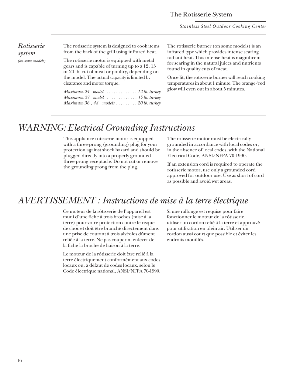 Rotisserie, Rotisserie –20, Warning: electrical grounding instructions | Rotisserie system, The rotisserie system | GE Monogram Outdoor Cooking Center 36 User Manual | Page 16 / 32