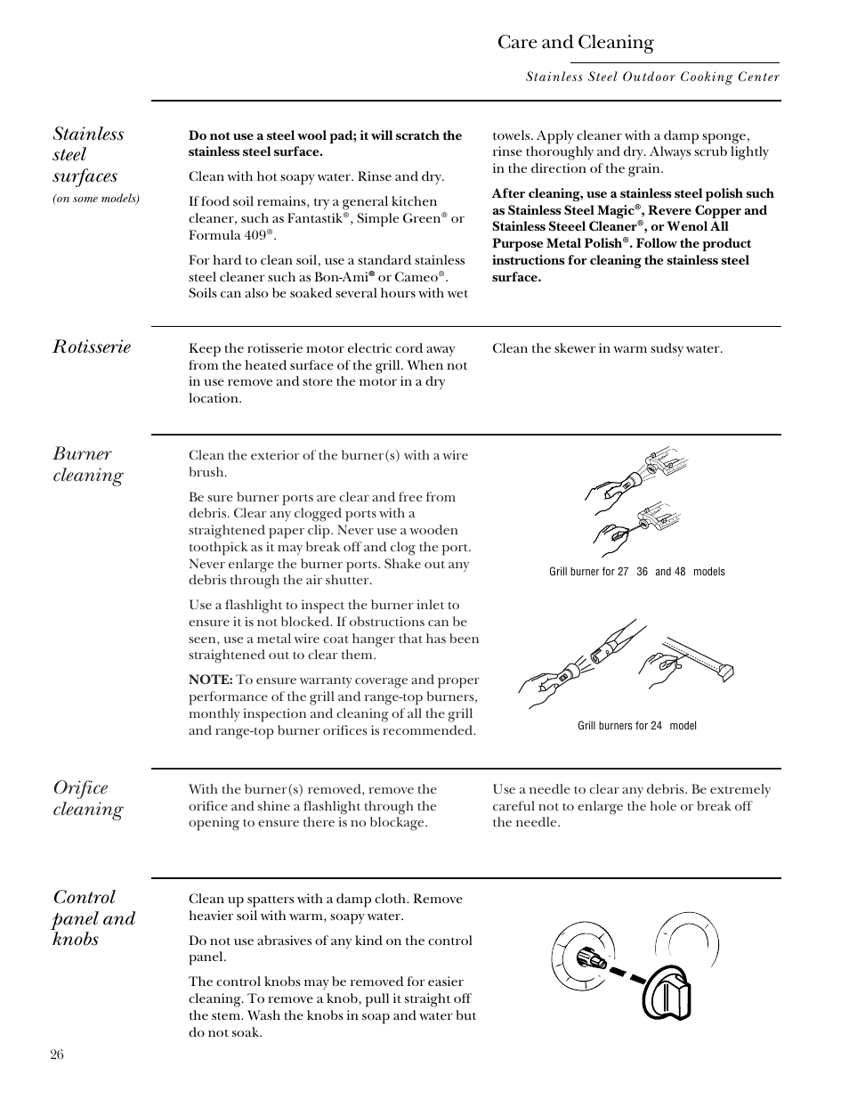 Control panel and knobs, Orifice cleaning, Rotisserie | Stainless steel, Burner cleaning, Stainless steel surfaces, Care and cleaning | GE Monogram Outdoor Cooking Center 36 User Manual | Page 26 / 32