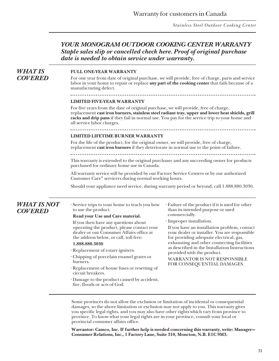 Warranty for customers in canada, What is not covered | GE Monogram Outdoor Cooking Center 36 User Manual | Page 31 / 32
