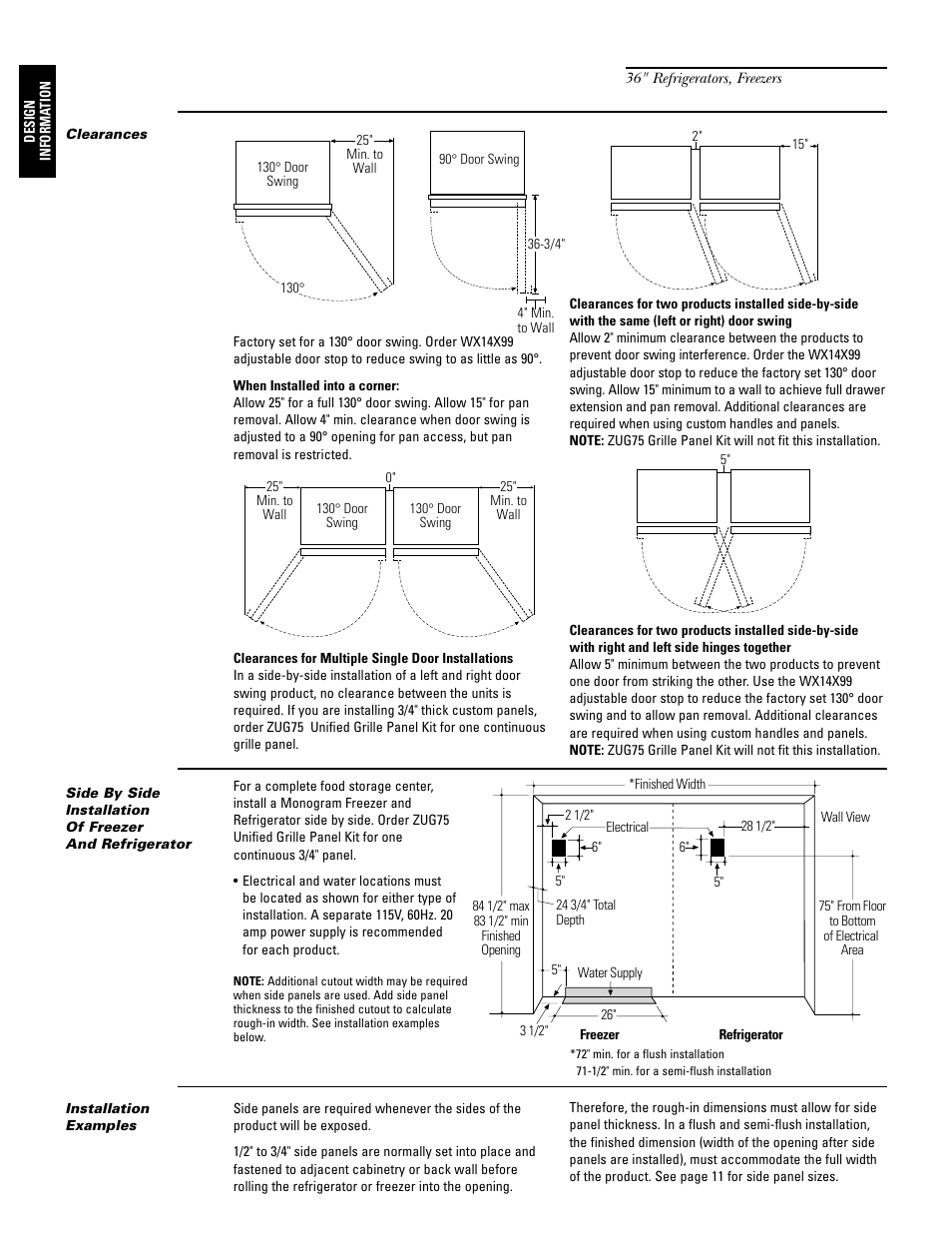 Clearances, Installation examples, Design information | GE Monogram ZIF36N RH User Manual | Page 4 / 40