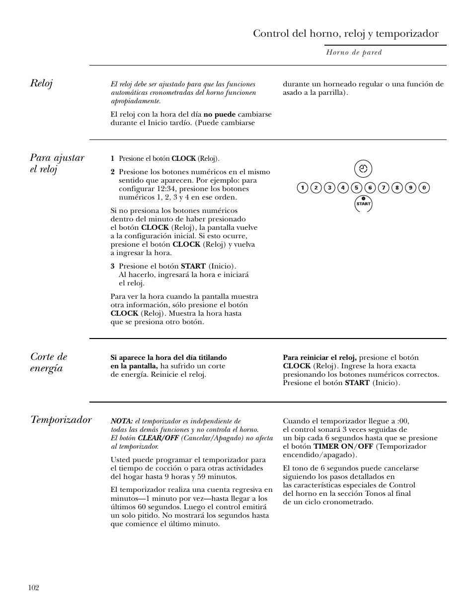 Reloj y temporizador, Reloj y temporizador , 103, Control del horno, reloj y temporizador | Para ajustar el reloj, Reloj, Temporizador, Corte de energía | GE Monogram ZEK938 – 27 ″ Single Wall Oven User Manual | Page 102 / 136