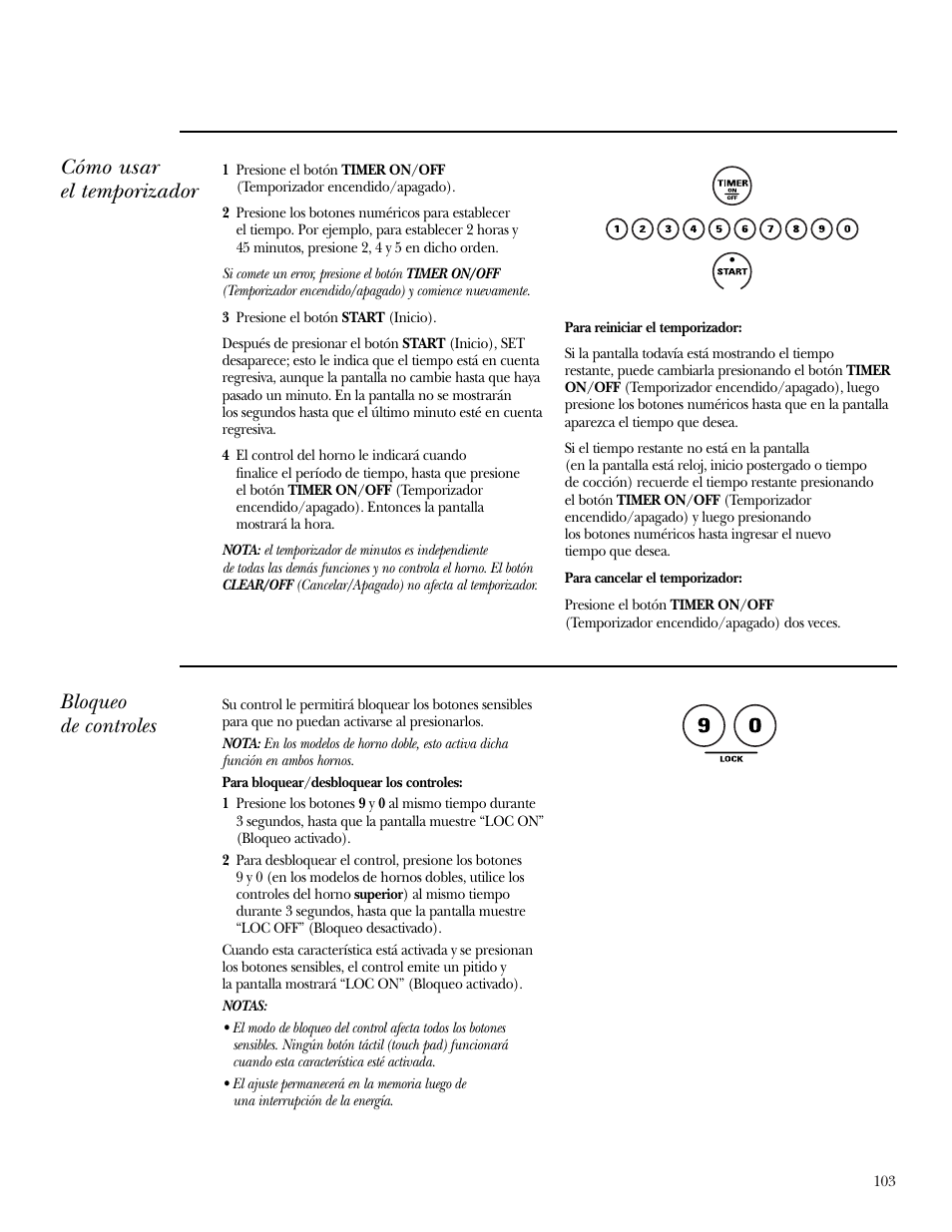 Cómo usar el temporizador, Bloqueo de controles | GE Monogram ZEK938 – 27 ″ Single Wall Oven User Manual | Page 103 / 136