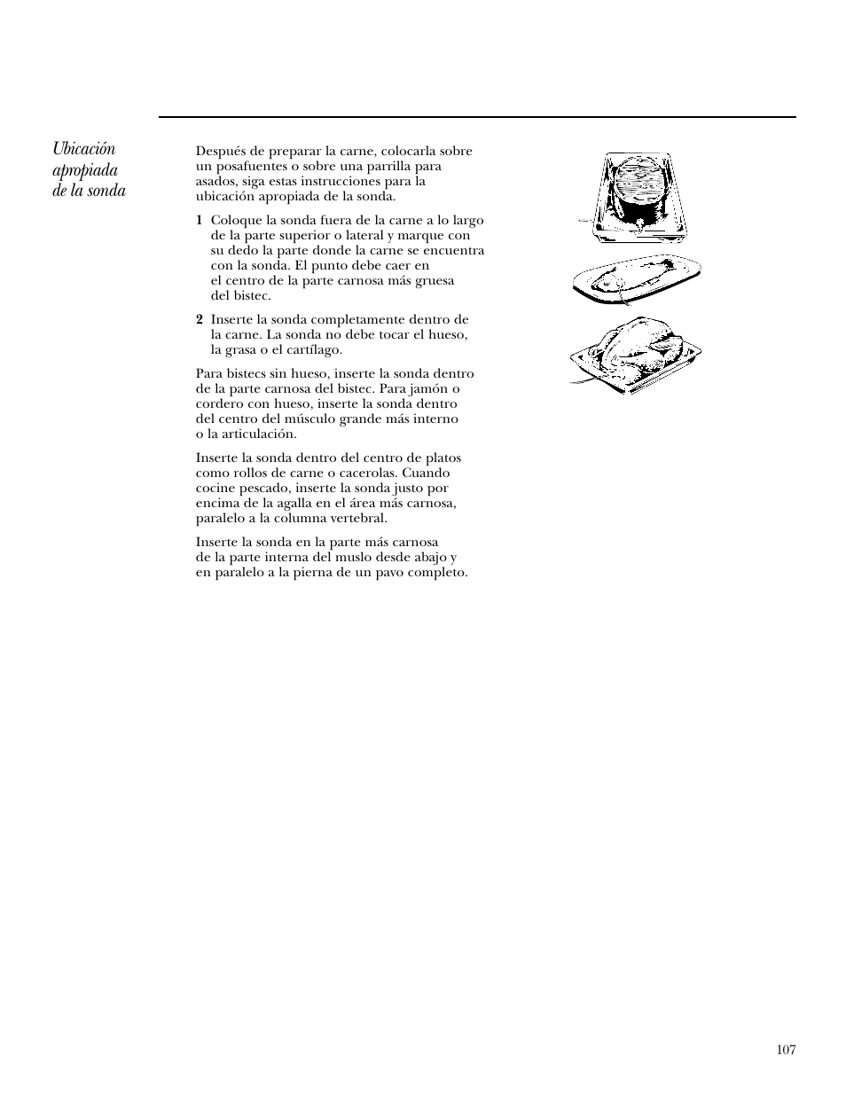 Ubicación apropiada de la sonda | GE Monogram ZEK938 – 27 ″ Single Wall Oven User Manual | Page 107 / 136