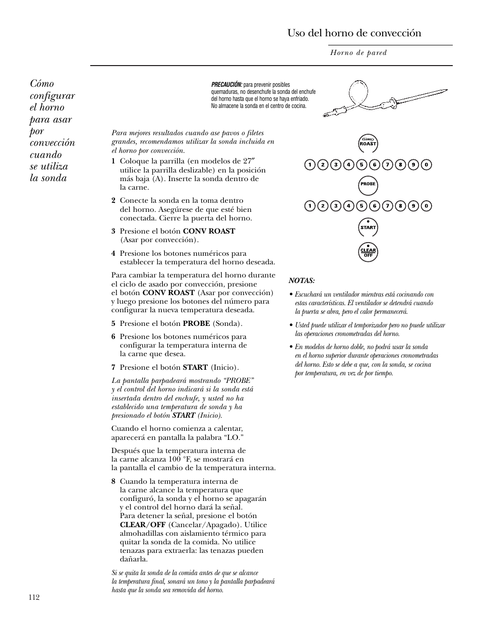 Uso del horno de convección | GE Monogram ZEK938 – 27 ″ Single Wall Oven User Manual | Page 112 / 136