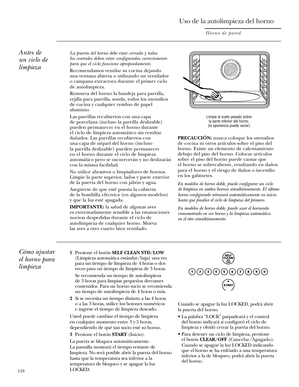 Autolimpieza del horno, Autolimpieza del horno –119, Uso de la autolimpieza del horno | Antes de un ciclo de limpieza, Cómo ajustar el horno para limpieza | GE Monogram ZEK938 – 27 ″ Single Wall Oven User Manual | Page 118 / 136