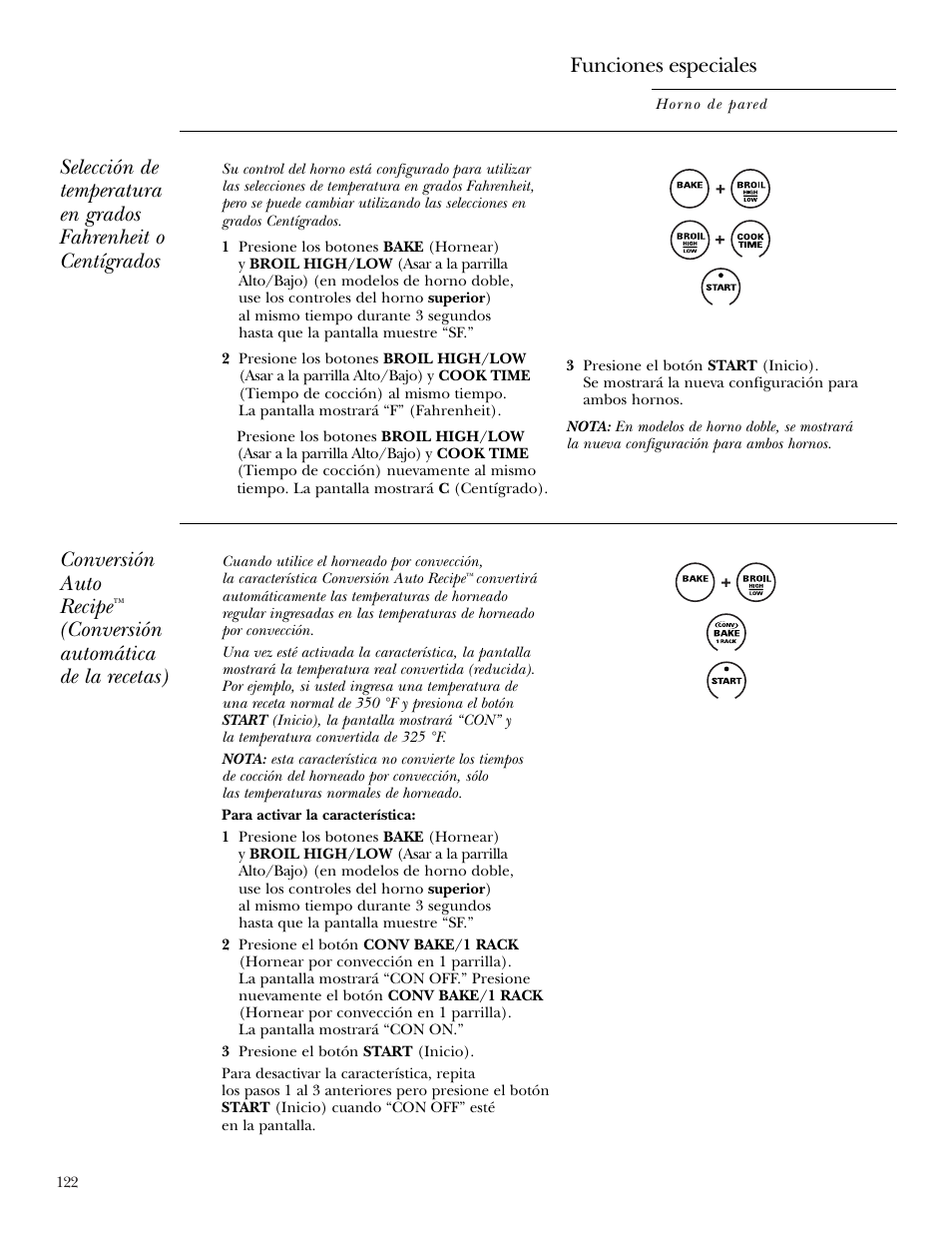 Conversión automática de la recetas), Funciones especiales | GE Monogram ZEK938 – 27 ″ Single Wall Oven User Manual | Page 122 / 136