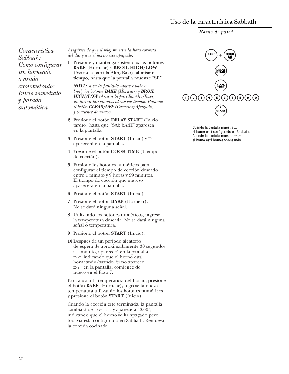 Uso de la característica sabbath | GE Monogram ZEK938 – 27 ″ Single Wall Oven User Manual | Page 124 / 136