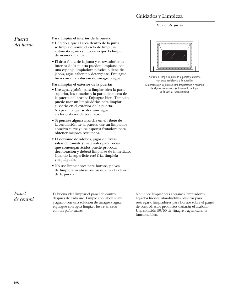 Panel de control, Puerta del horno, Cuidados y limpieza | GE Monogram ZEK938 – 27 ″ Single Wall Oven User Manual | Page 128 / 136