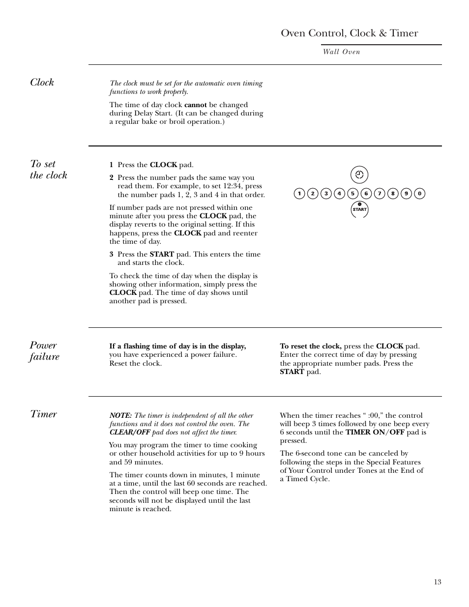 Clock and timer, Clock and timer , 14, Oven control, clock & timer | Clock, Timer, Power failure | GE Monogram ZEK938 – 27 ″ Single Wall Oven User Manual | Page 13 / 136