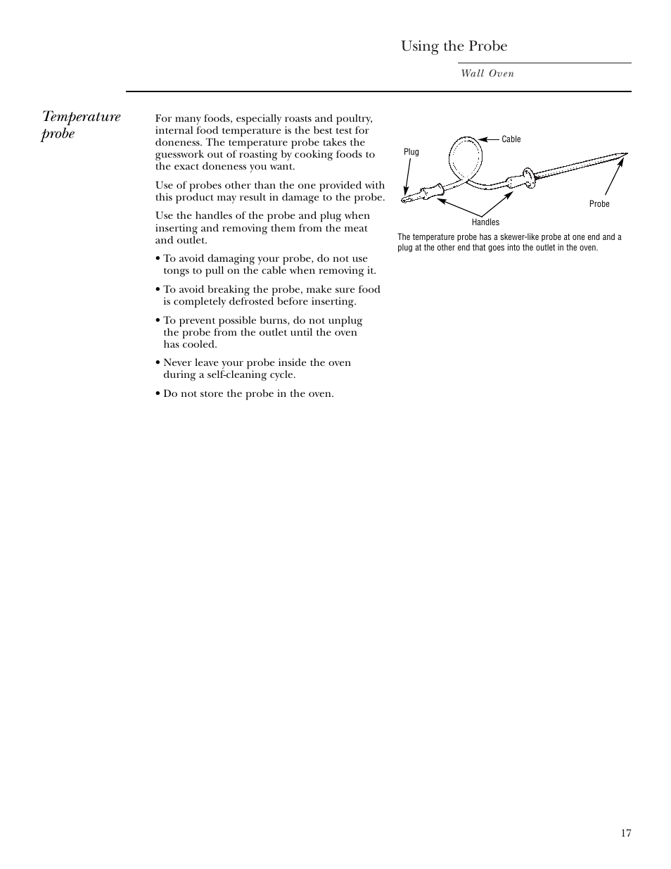 Probe, Probe –19, 23, 29, 40, Using the probe | Temperature probe | GE Monogram ZEK938 – 27 ″ Single Wall Oven User Manual | Page 17 / 136