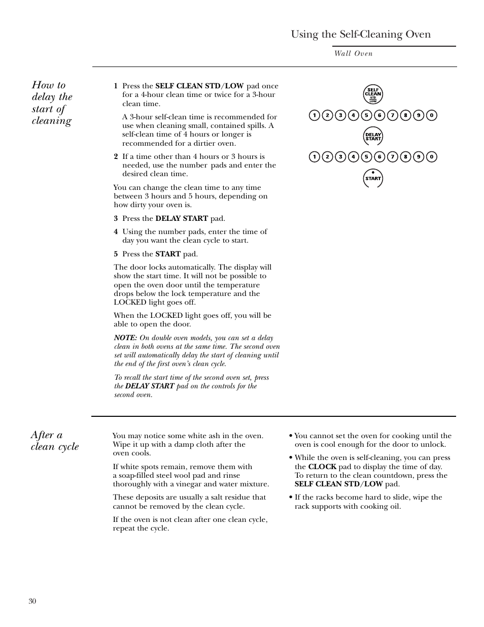 Using the self-cleaning oven, How to delay the start of cleaning, After a clean cycle | GE Monogram ZEK938 – 27 ″ Single Wall Oven User Manual | Page 30 / 136