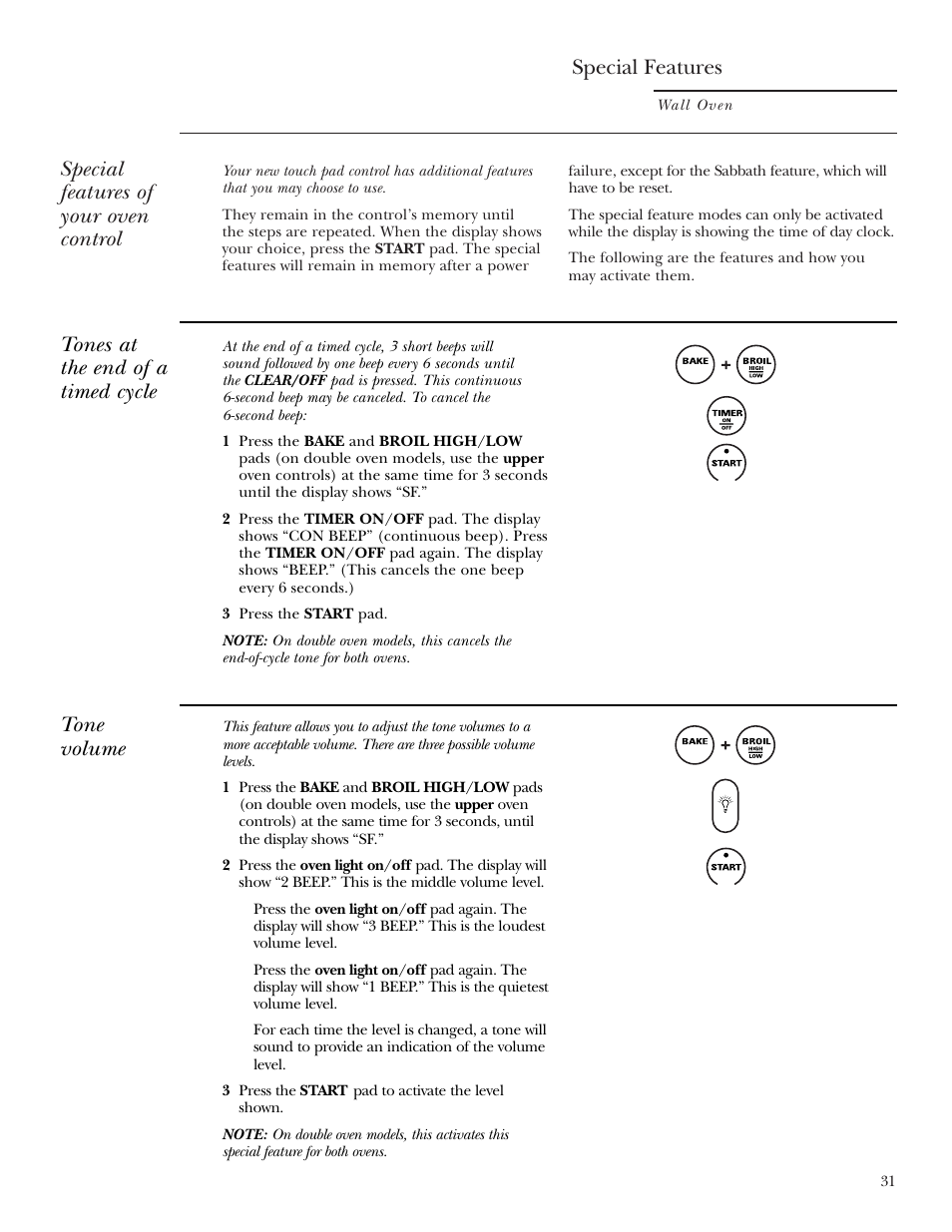 Special features, Special features –33, Special features of your oven control | Tones at the end of a timed cycle, Tone volume | GE Monogram ZEK938 – 27 ″ Single Wall Oven User Manual | Page 31 / 136
