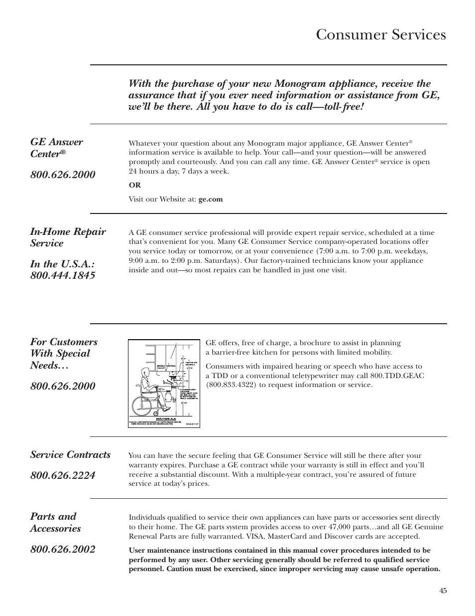 Important phone numbers, Consumer services | GE Monogram ZEK938 – 27 ″ Single Wall Oven User Manual | Page 45 / 136
