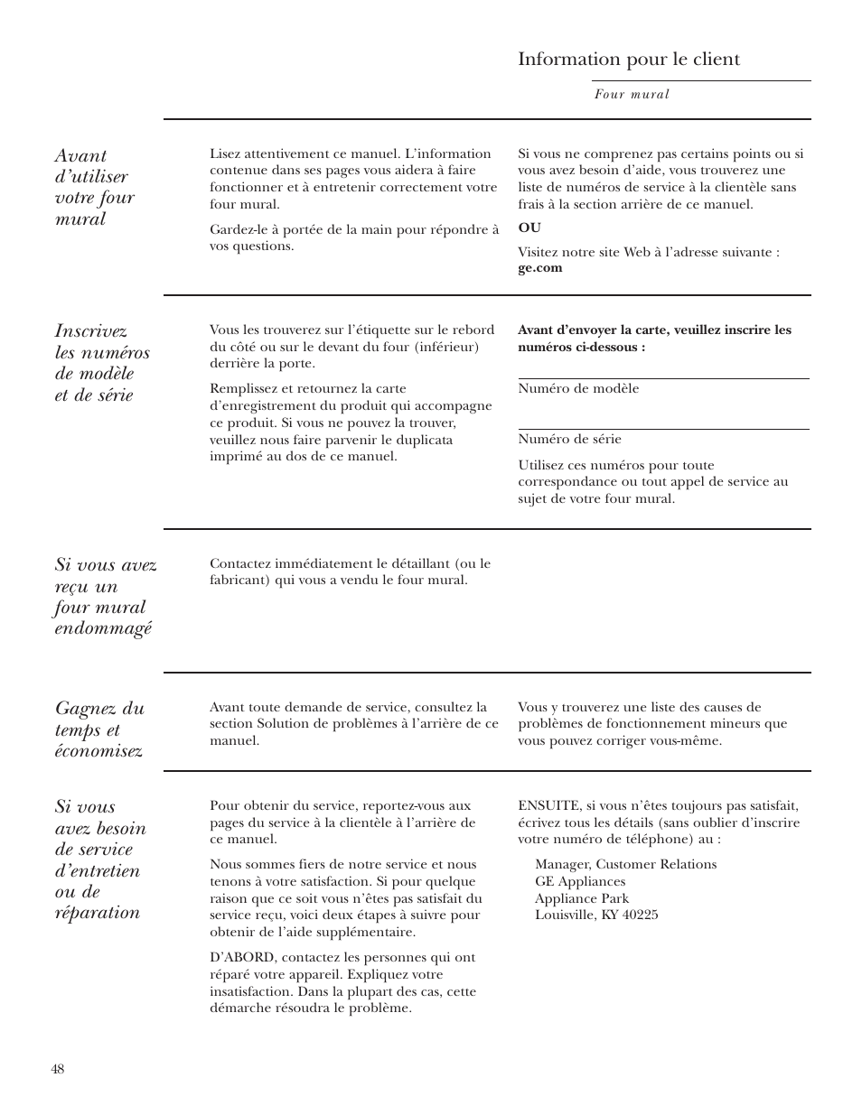 Carte d’enregistrement du produit, Numéros de modèle et de série, Avant d’utiliser votre four mural | Inscrivez les numéros de modèle et de série, Si vous avez reçu un four mural endommagé, Gagnez du temps et économisez, Information pour le client | GE Monogram ZEK938 – 27 ″ Single Wall Oven User Manual | Page 48 / 136