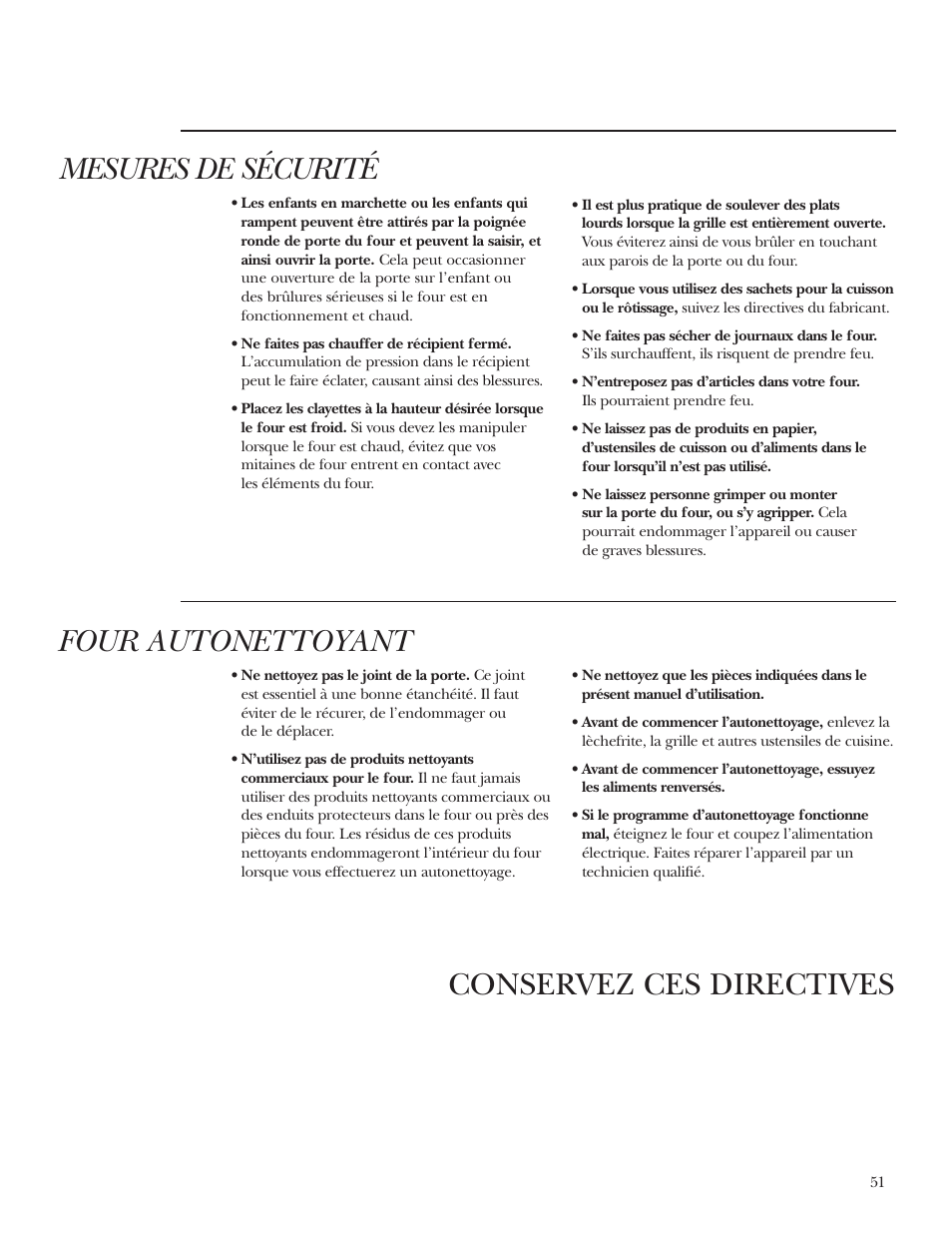 Conservez ces directives mesures de sécurité, Four autonettoyant | GE Monogram ZEK938 – 27 ″ Single Wall Oven User Manual | Page 51 / 136