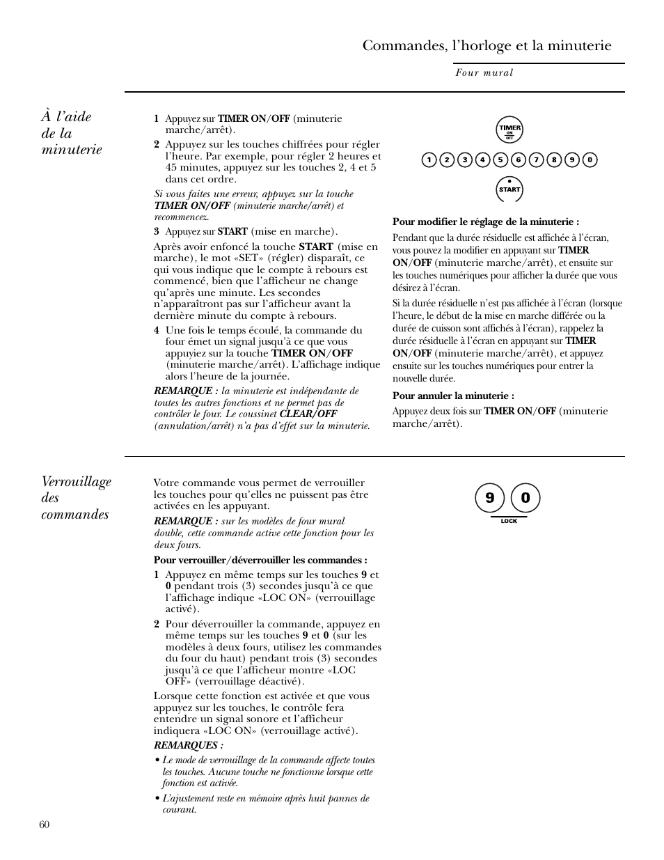 À l’aide de la minuterie, Verrouillage des commandes, Commandes, l’horloge et la minuterie | GE Monogram ZEK938 – 27 ″ Single Wall Oven User Manual | Page 60 / 136