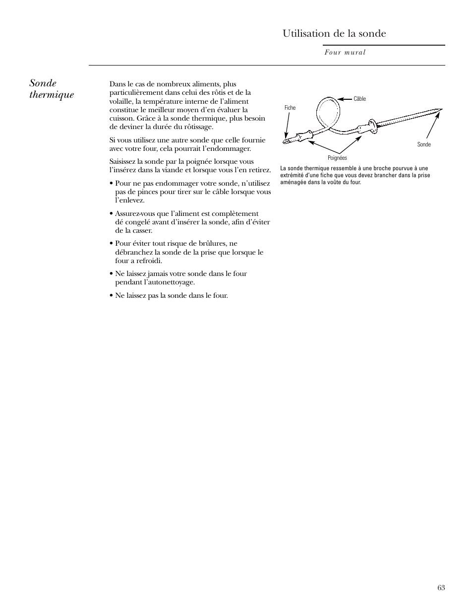Sonde, Sonde –65, 69, 75, 86, Utilisation de la sonde | Sonde thermique | GE Monogram ZEK938 – 27 ″ Single Wall Oven User Manual | Page 63 / 136