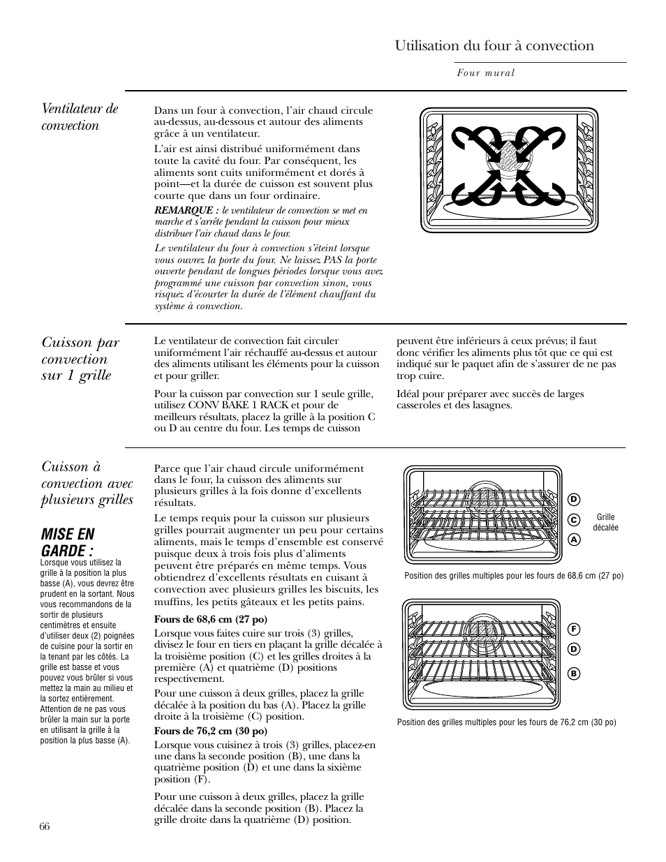 Cuisson par convection, Cuisson par convection –71, Utilisation du four à convection | Ventilateur de convection, Cuisson à convection avec plusieurs grilles, Mise en garde, Cuisson par convection sur 1 grille | GE Monogram ZEK938 – 27 ″ Single Wall Oven User Manual | Page 66 / 136