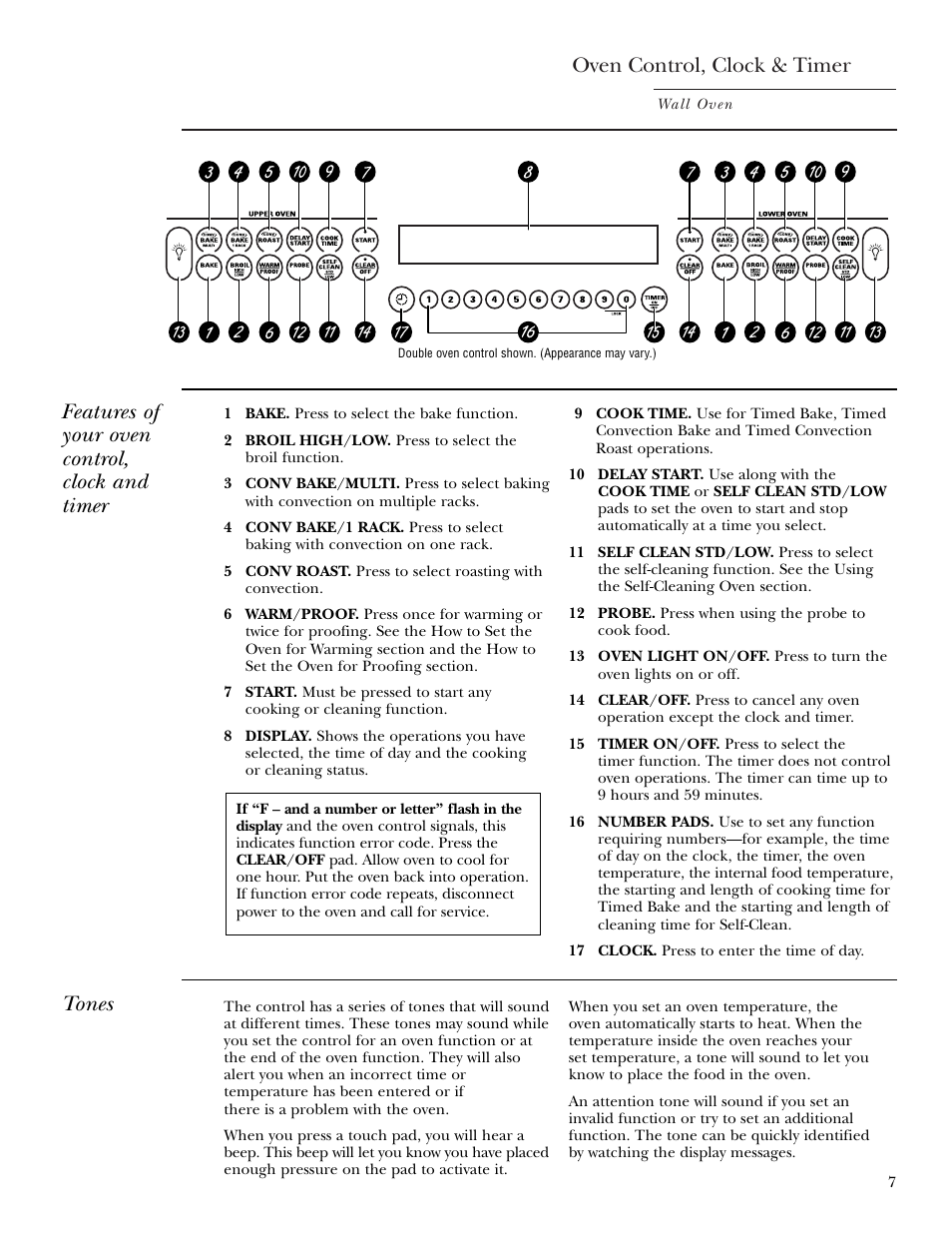 Controls, Oven control, clock & timer, Features of your oven control, clock and timer | Tones | GE Monogram ZEK938 – 27 ″ Single Wall Oven User Manual | Page 7 / 136