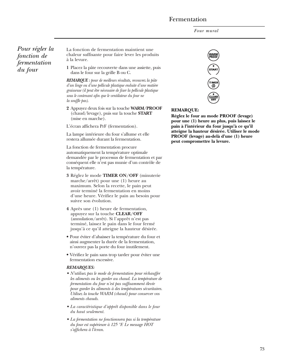 Fermentation, Pour régler la fonction de fermentation du four | GE Monogram ZEK938 – 27 ″ Single Wall Oven User Manual | Page 73 / 136
