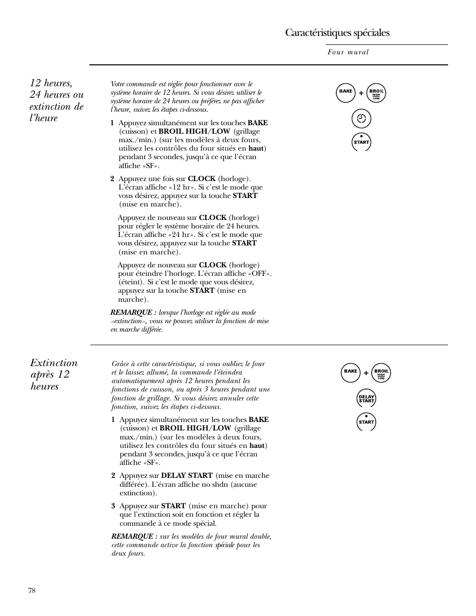12 heures, 24 heures ou extinction de l’heure, Extinction après 12 heures, Caractéristiques spéciales | GE Monogram ZEK938 – 27 ″ Single Wall Oven User Manual | Page 78 / 136