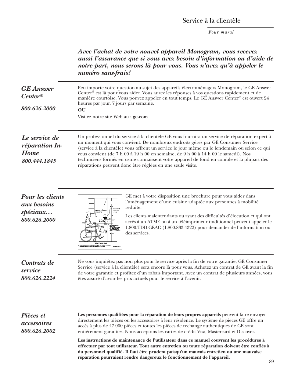 Numéros de téléphone importants, Le service de réparation in- home, Contrats de service | Pièces et accessoires, Pour les clients aux besoins spéciaux, Service à la clientèle | GE Monogram ZEK938 – 27 ″ Single Wall Oven User Manual | Page 89 / 136