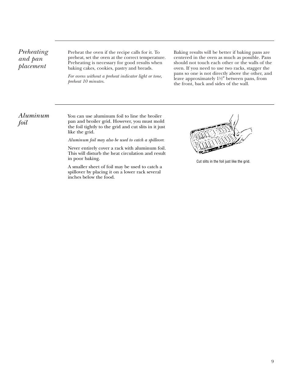 Preheating and pan placement, Aluminum foil | GE Monogram ZEK938 – 27 ″ Single Wall Oven User Manual | Page 9 / 136