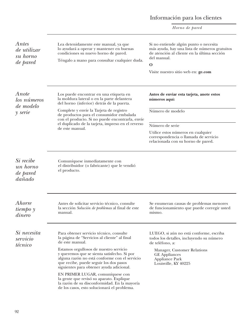 Modelo y número de serie, Registro del producto, Registro del producto , 133, 134 | Si necesita servicio técnico, Antes de utilizar su horno de pared, Si recibe un horno de pared dañado, Ahorre tiempo y dinero, Información para los clientes | GE Monogram ZEK938 – 27 ″ Single Wall Oven User Manual | Page 92 / 136