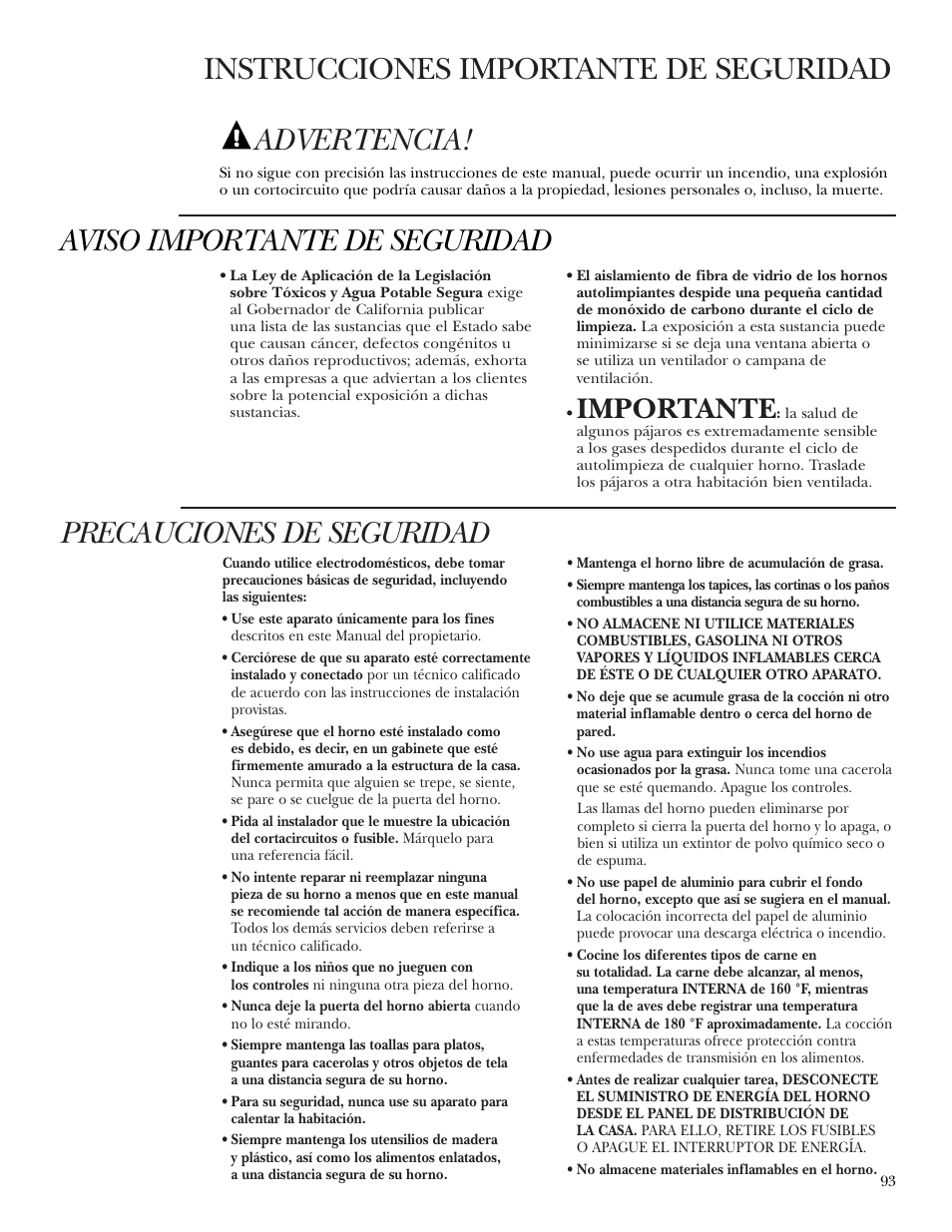 Instrucciones de seguridad, Papel de aluminio, Instrucciones de seguridad , 94 | Papel de aluminio , 98, 118, Advertencia, Aviso importante de seguridad, Importante | GE Monogram ZEK938 – 27 ″ Single Wall Oven User Manual | Page 93 / 136