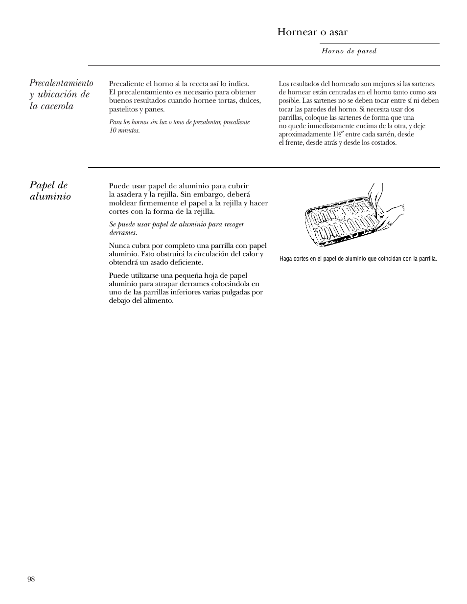 Precalentamiento y ubicación de la cacerola, Papel de aluminio, Hornear o asar | GE Monogram ZEK938 – 27 ″ Single Wall Oven User Manual | Page 98 / 136