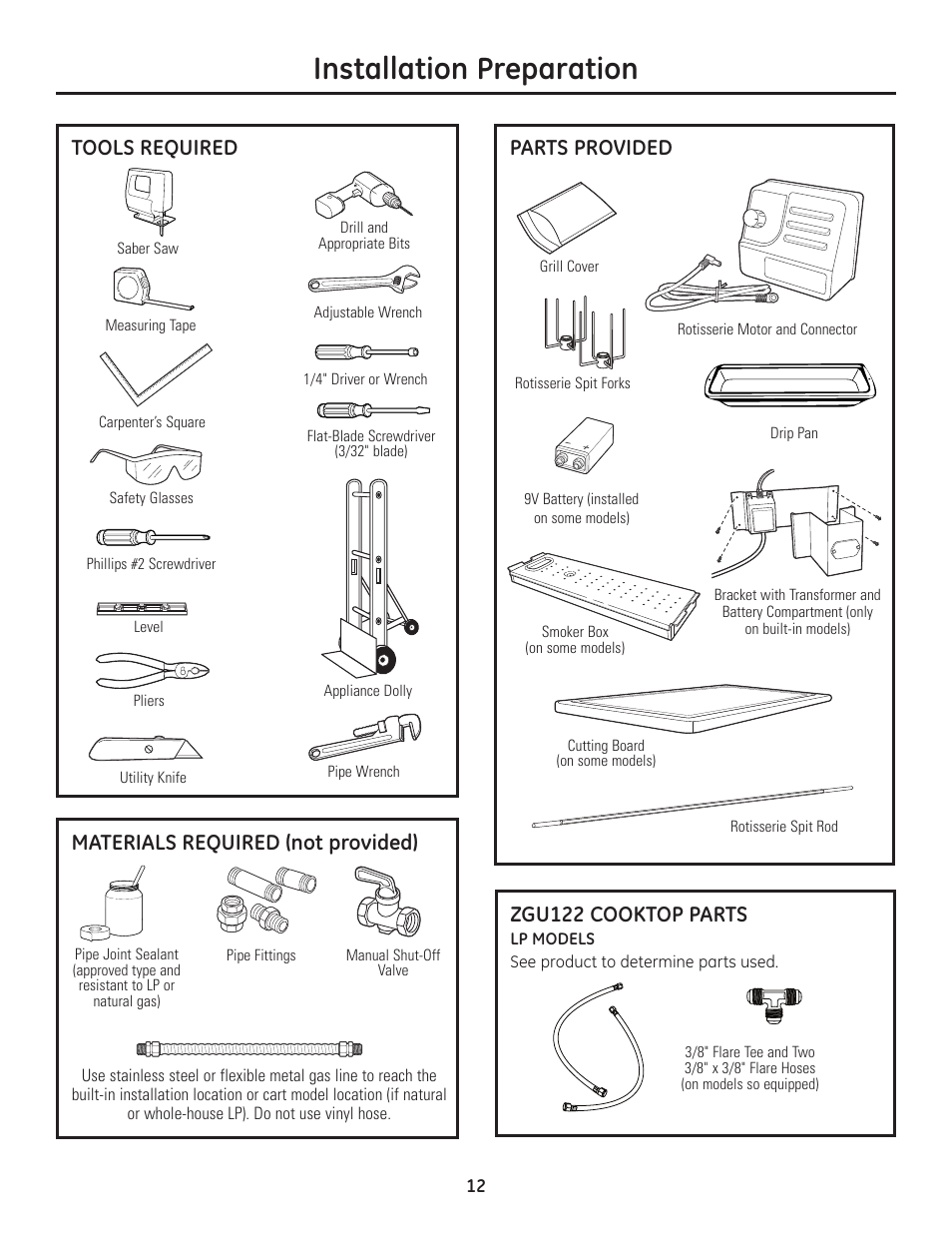 Installation preparation, Zgu122 cooktop parts, Tools required | Parts provided, Materials required (not provided) | GE Monogram Professional Outdoor Grills and Cooktop User Manual | Page 12 / 22