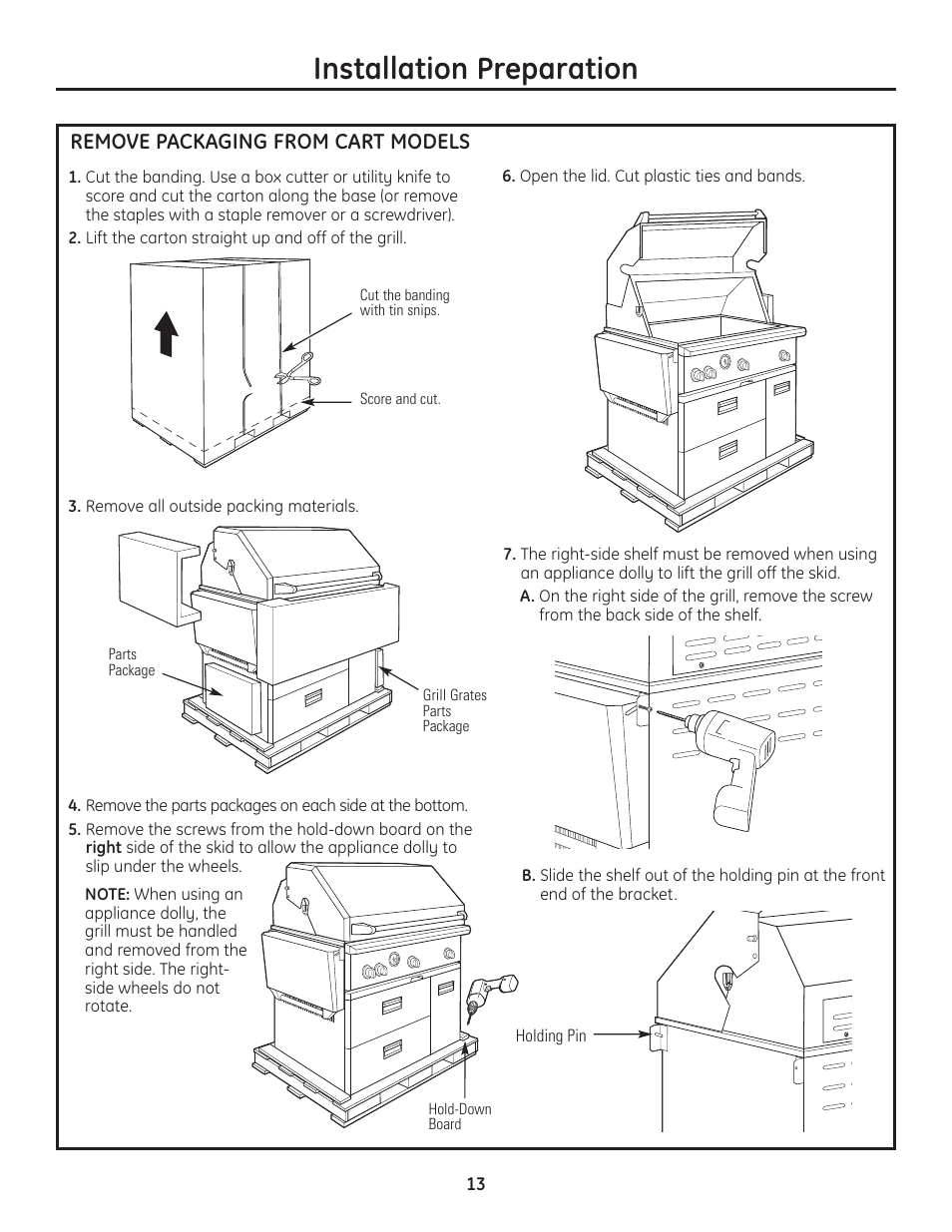 Installation preparation, Remove packaging from cart models | GE Monogram Professional Outdoor Grills and Cooktop User Manual | Page 13 / 22