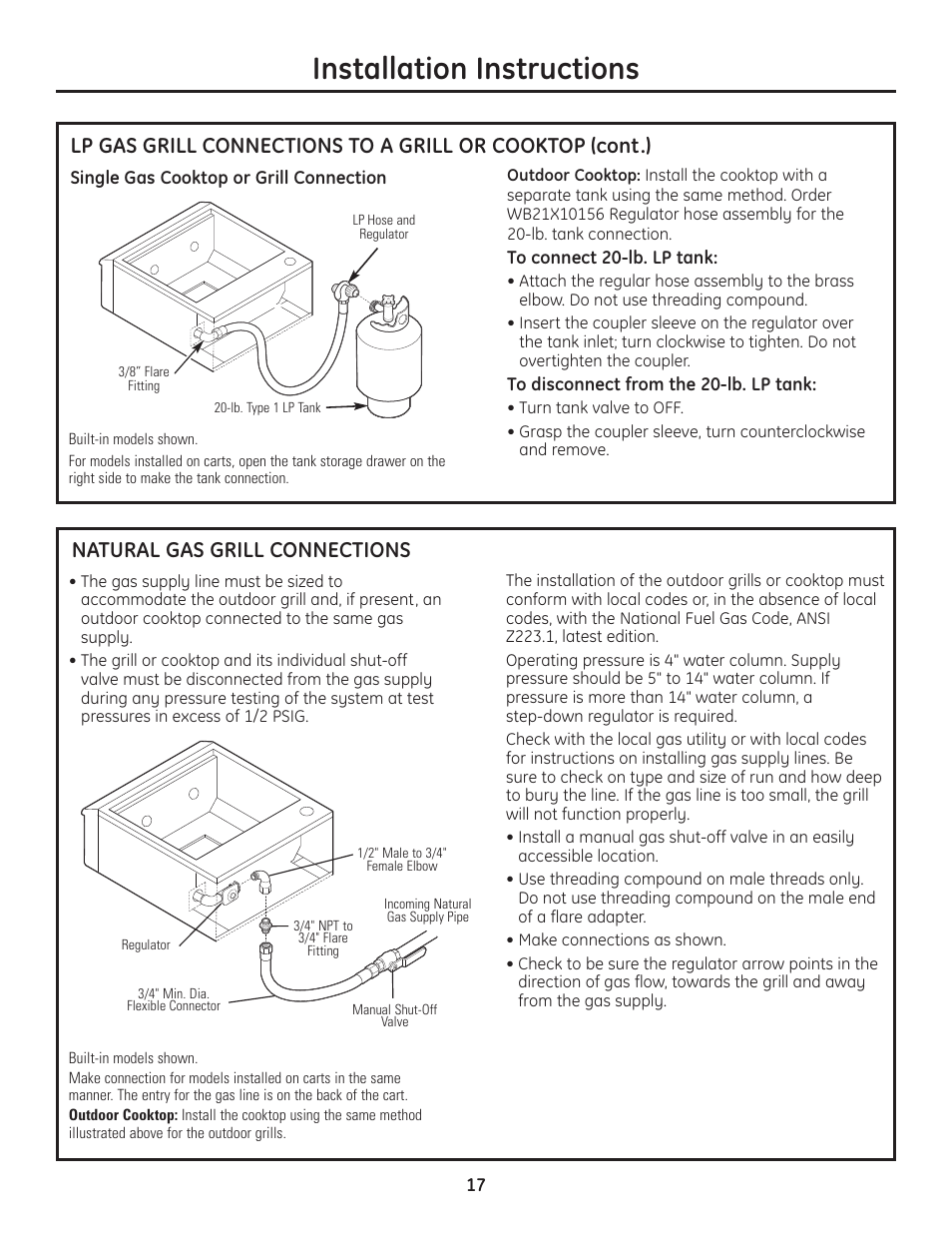 Installation instructions, Natural gas grill connections | GE Monogram Professional Outdoor Grills and Cooktop User Manual | Page 17 / 22
