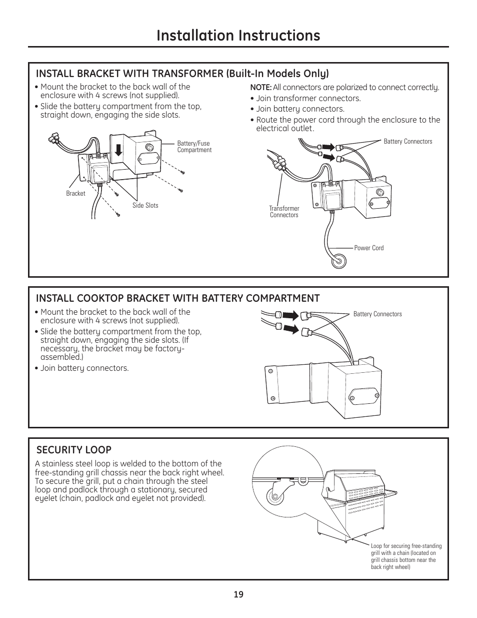 Installation instructions, Install cooktop bracket with battery compartment, Security loop | GE Monogram Professional Outdoor Grills and Cooktop User Manual | Page 19 / 22
