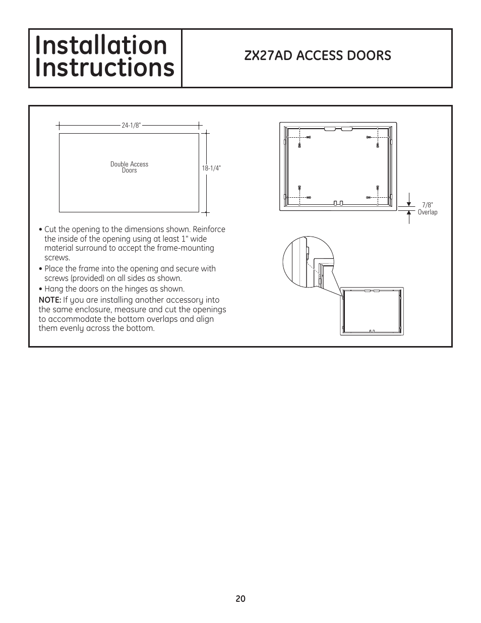 Installation instructions, Zx27ad access doors | GE Monogram Professional Outdoor Grills and Cooktop User Manual | Page 20 / 22