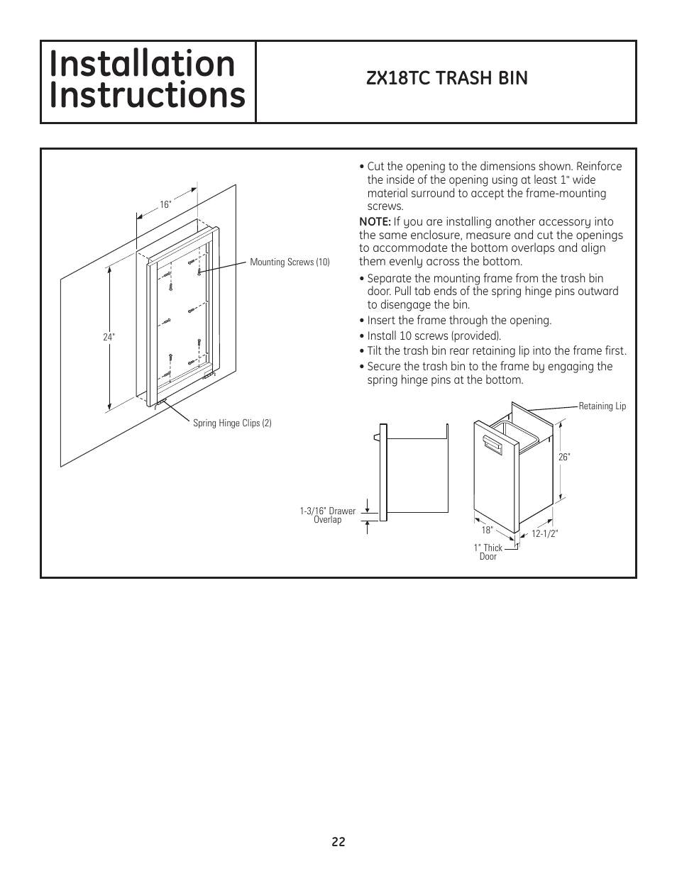 Installation instructions, Zx18tc trash bin | GE Monogram Professional Outdoor Grills and Cooktop User Manual | Page 22 / 22