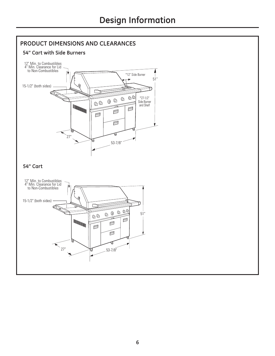 Design information, Product dimensions and clearances | GE Monogram Professional Outdoor Grills and Cooktop User Manual | Page 6 / 22