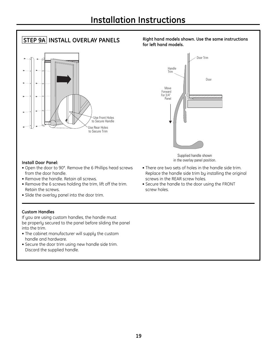 Step 9a, install overlay panels, Installation instructions, Step 9a install overlay panels | GE Monogram Built-In All-Refrigerator/Freezer User Manual | Page 19 / 24