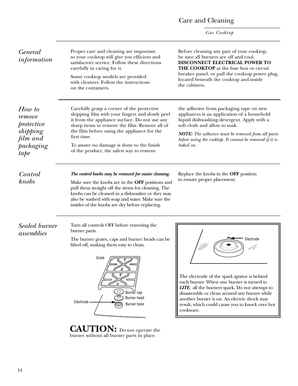 Control knobs, Sealed burner assemblies, Shipping film and tape | Caution, Care and cleaning, General information | GE Monogram ZGU36K User Manual | Page 14 / 24