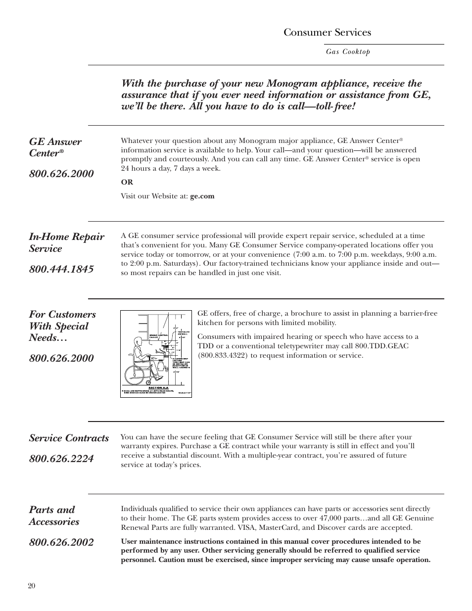 Important phone numbers, Consumer services | GE Monogram ZGU36K User Manual | Page 20 / 24