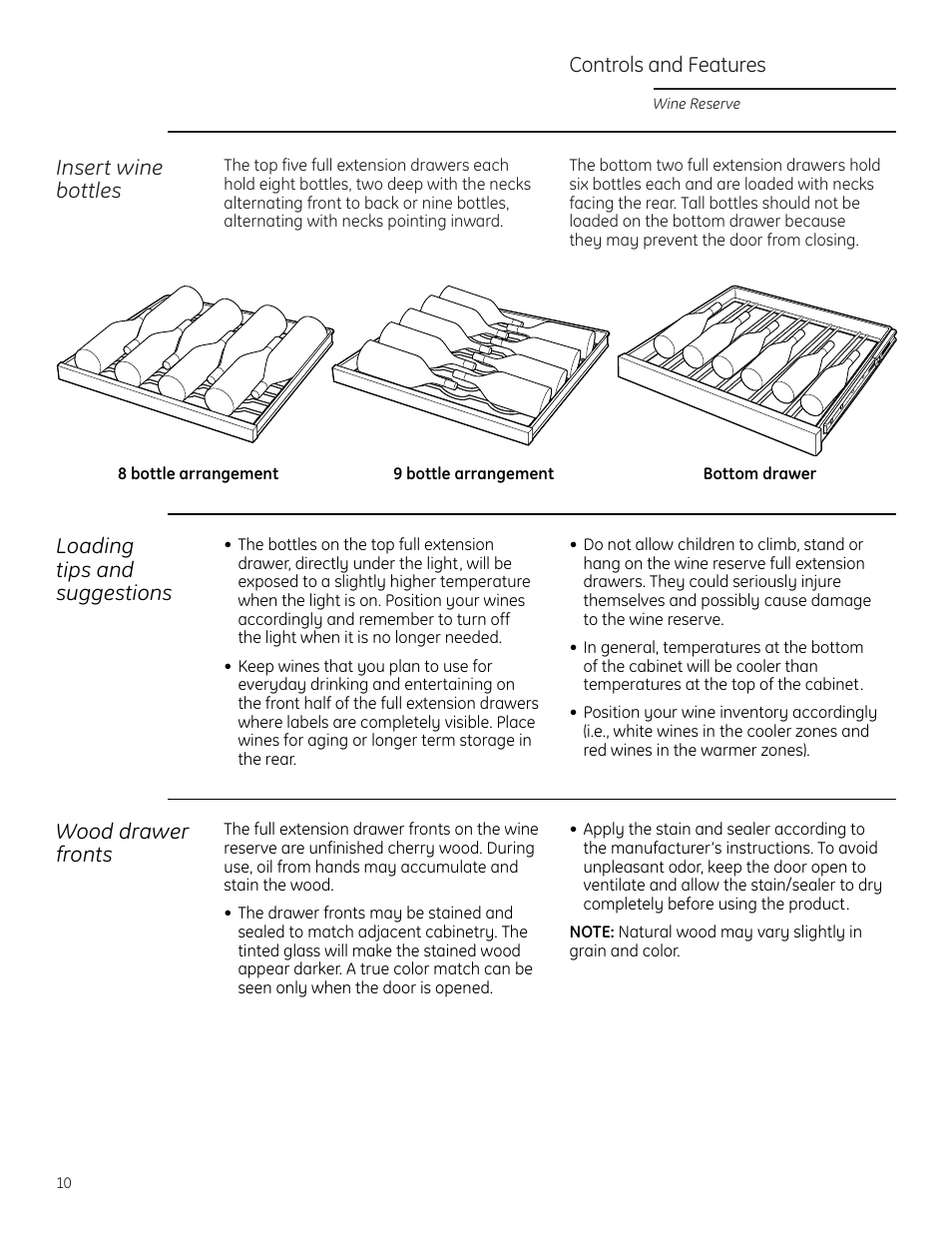 Controls and features, Insert wine bottles, Loading tips and suggestions | Wood drawer fronts | GE Monogram ZDWR240 User Manual | Page 10 / 20