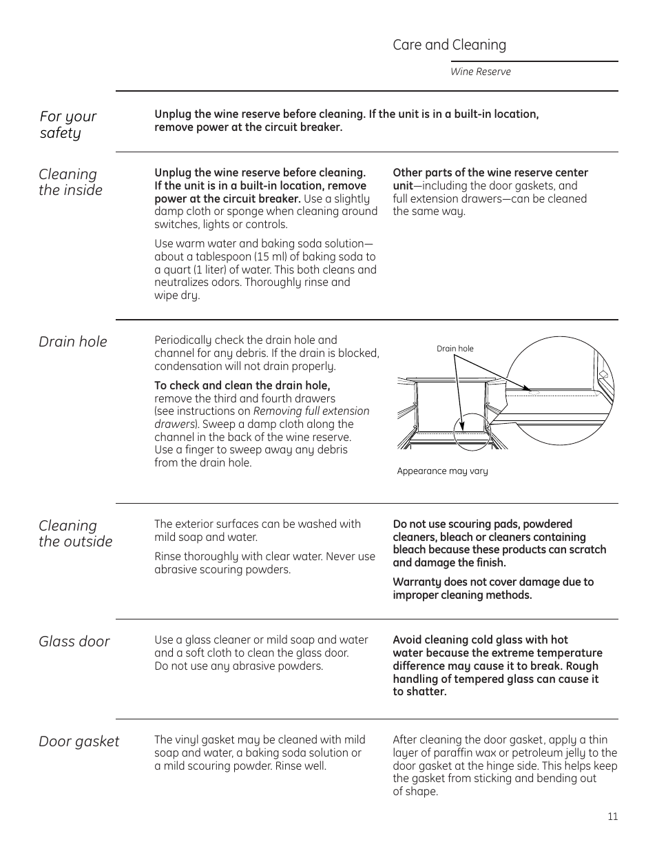 Care and cleaning, Care and cleaning , 12 | GE Monogram ZDWR240 User Manual | Page 11 / 20