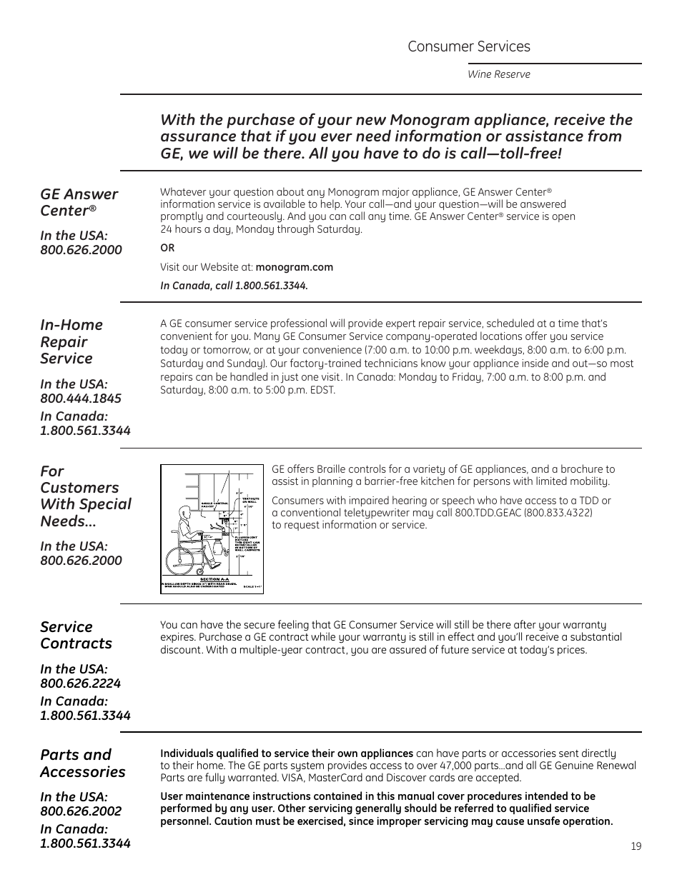 Consumer services, In-home repair service, For customers with special needs | Service contracts, Parts and accessories | GE Monogram ZDWR240 User Manual | Page 19 / 20