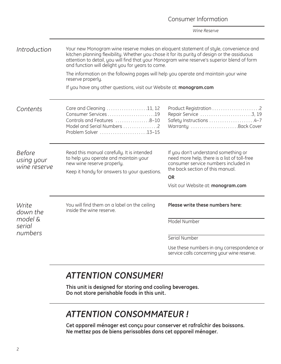 Model and serial numbers, Product registration, Attention consumer | Attention consommateur | GE Monogram ZDWR240 User Manual | Page 2 / 20