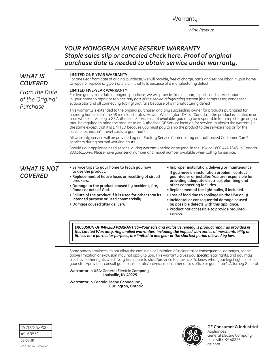 Warranty, What is not covered | GE Monogram ZDWR240 User Manual | Page 20 / 20