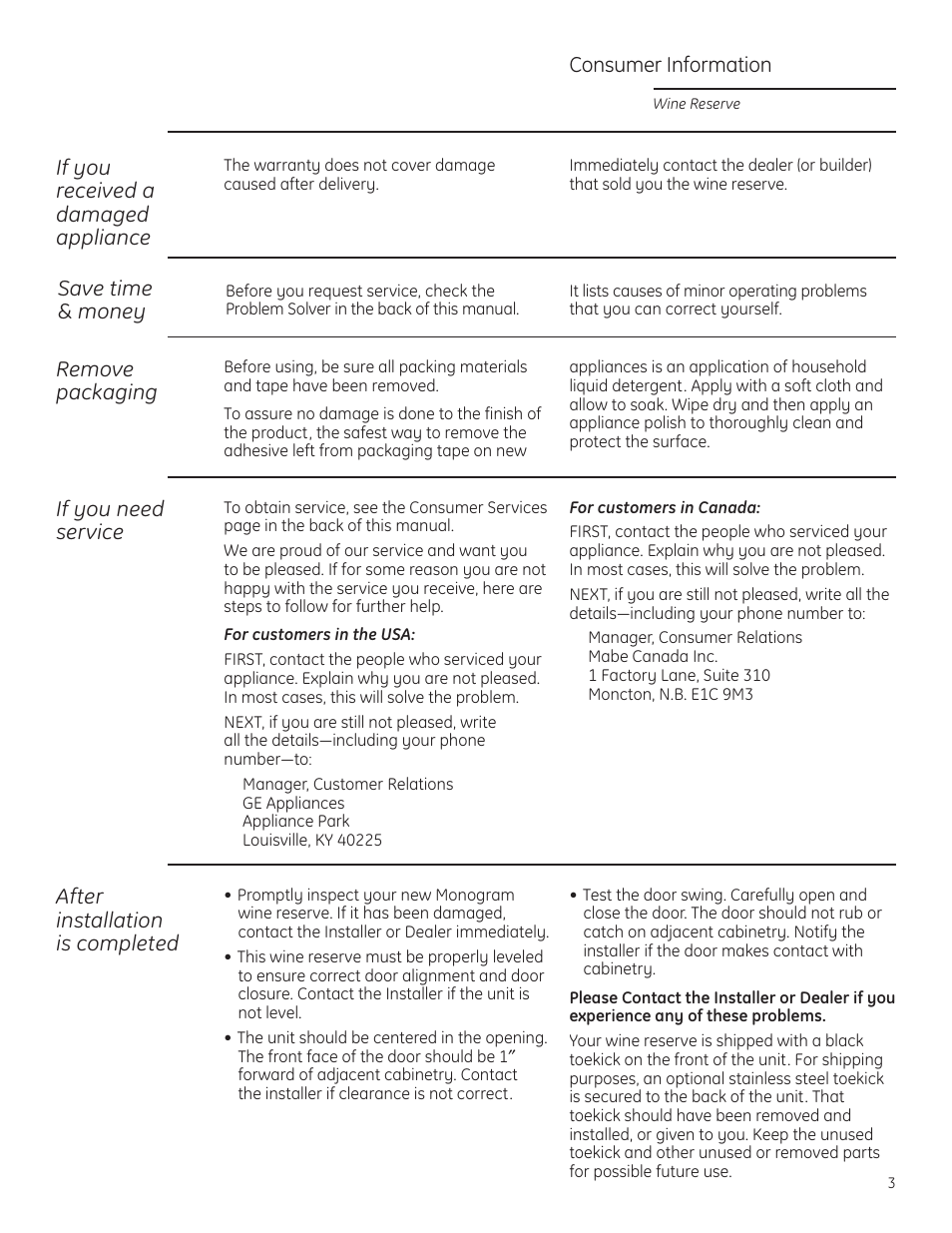 Repair service, Repair service , 19, If you received a damaged appliance | Remove packaging, If you need service, After installation is completed, Save time & money, Consumer information | GE Monogram ZDWR240 User Manual | Page 3 / 20